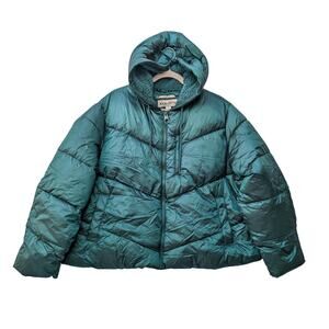 Puffer Jacket Ava & Viv Winter Coat Short 1X Plus Hood Sherpa Full Zip Teal Cozy